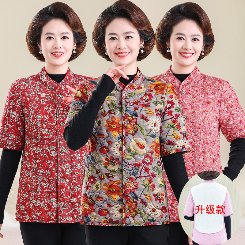 中老年人女装秋冬装棉马甲加绒加厚碎花马夹背心短袖棉衣妈妈棉袄