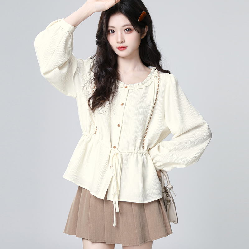 大码法式圆领木耳边长袖衬衫女2025秋胖MM设计感收腰多巴胺服装女