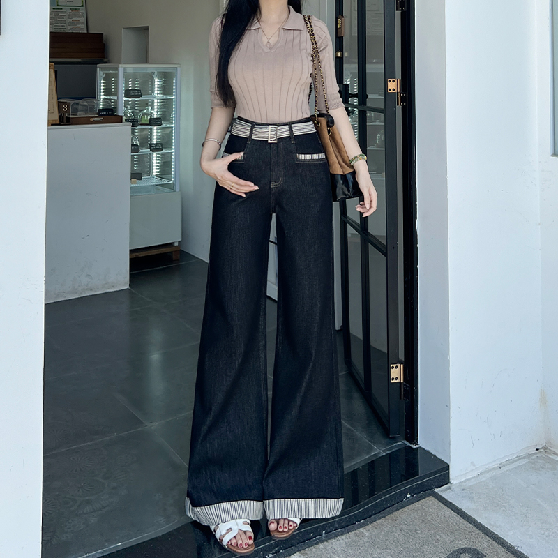 送条纹腰带不掉色窄版直筒牛仔裤女2025秋季新款高腰宽松微喇叭裤