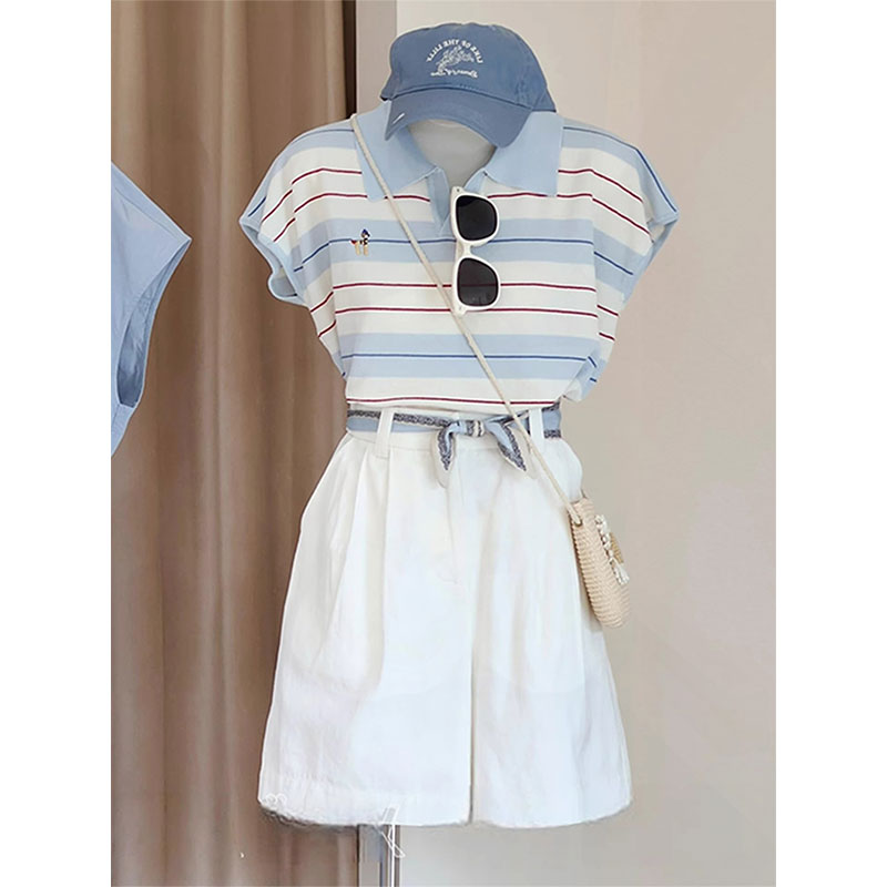 【现货直发】韩版多巴胺翻领条纹撞色刺绣冰丝POLO新款舒适百搭上衣