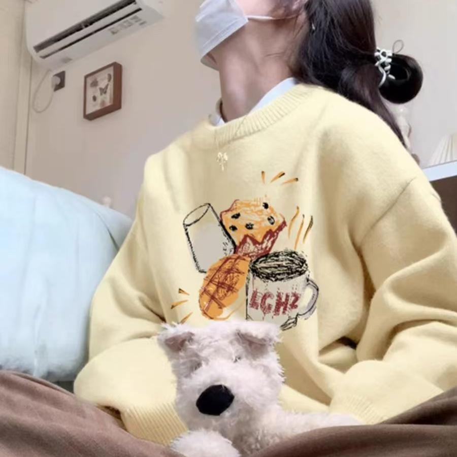 黄色软糯慵懒风圆领毛衣女秋冬季针织衫高级感ins潮宽松小众上衣