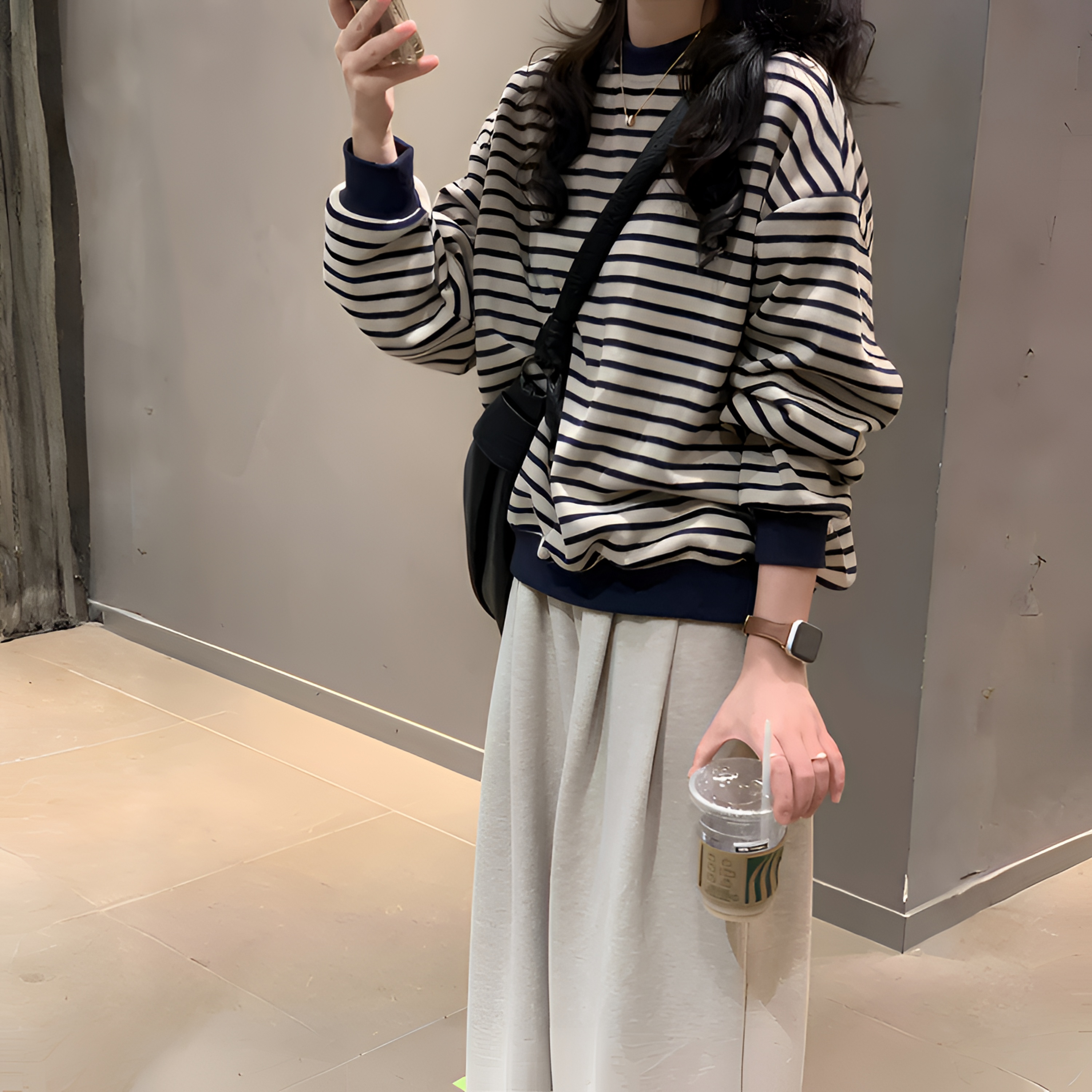 条纹加绒加厚圆领卫衣女春秋冬季宽松百搭老钱风大码内搭针织上衣