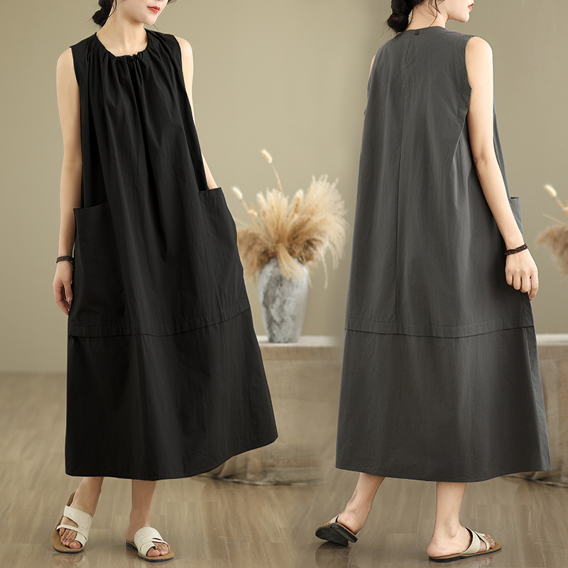 2025新新款圆领无袖连衣裙大口袋设计感连衣裙宽松大摆裙