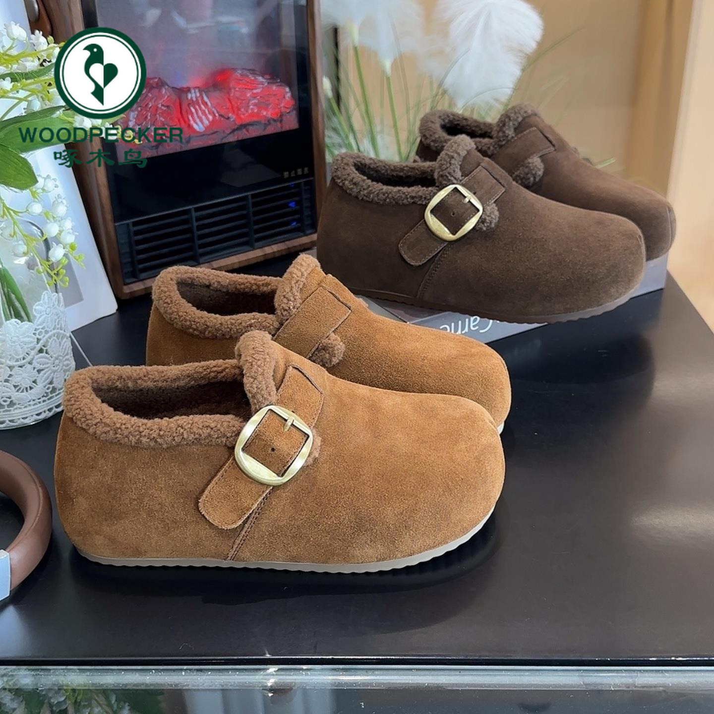 啄木鸟勃肯鞋女2025年新款冬季女鞋加绒内增高毛毛棉鞋一脚蹬鞋子