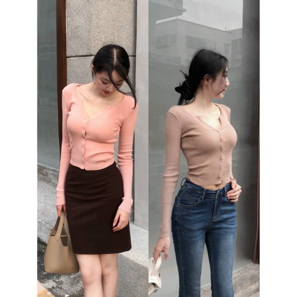 希野逸儿/韩秘书穿搭纽扣V领修身显瘦性感女人显身材中长袖开衫女