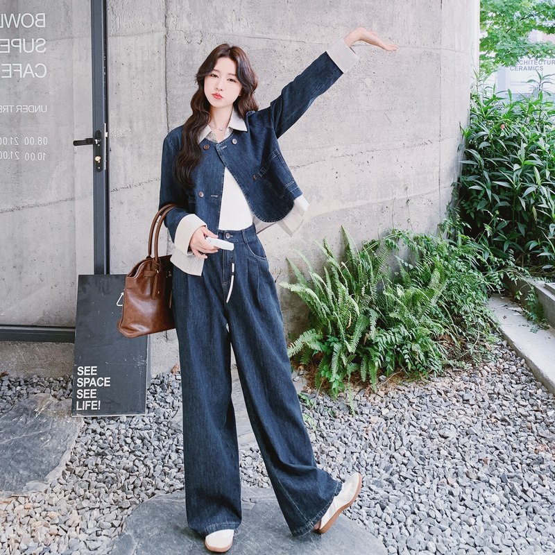 时髦高级感牛仔套装2025年春秋新款休闲短款上衣外套阔腿裤两件套