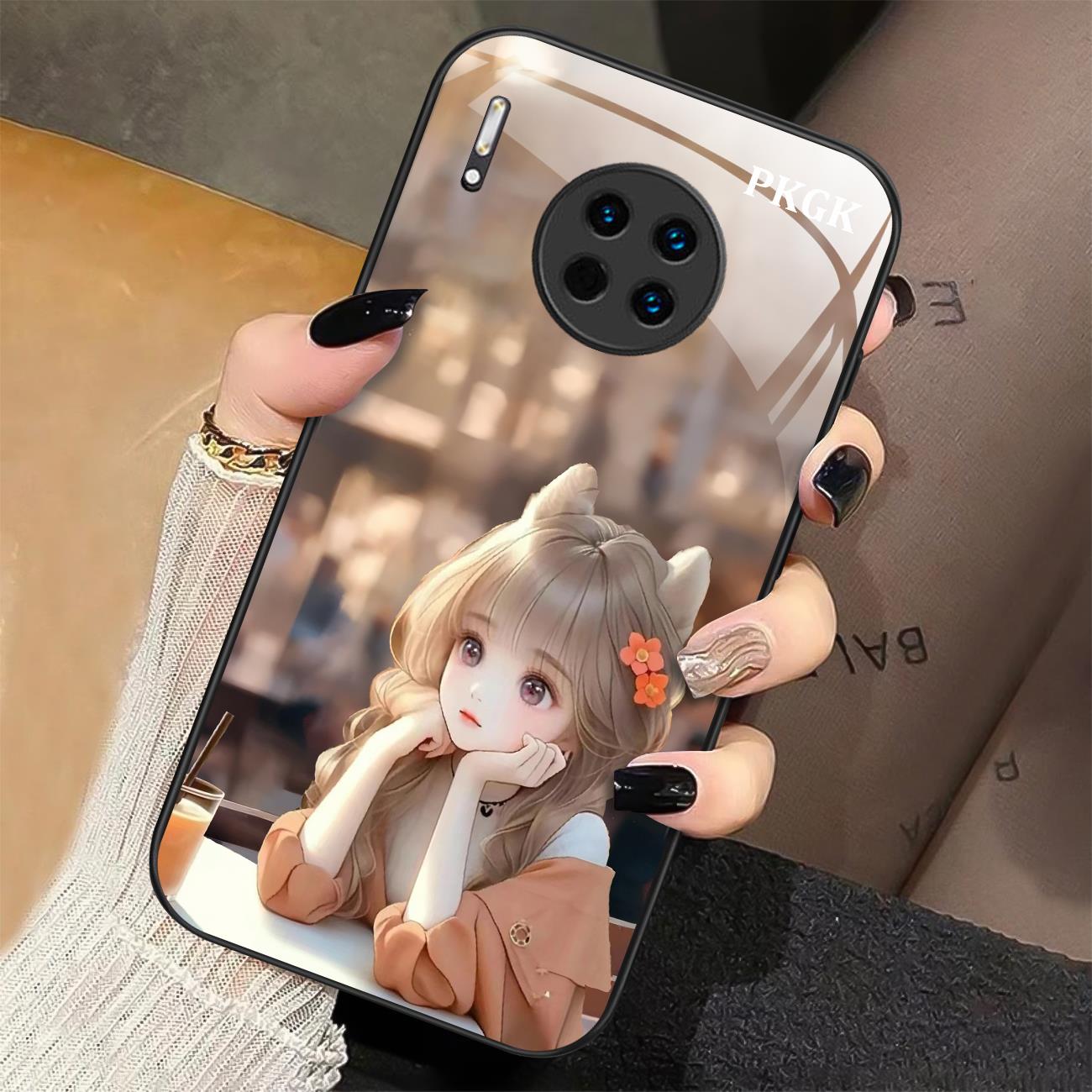 适用【华为Mate30】思考女孩液态玻璃手机壳 超薄防摔刮 网红潮流