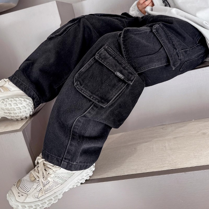 男童时髦阔腿大口袋宽松牛仔工装裤2025早秋新款嘻哈范潮酷痞帅炸