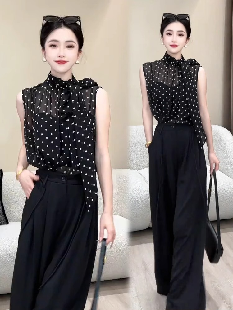 无袖夏季波点印染立领极简风衬衫雪纺衫百搭打底流苏显瘦气质洋气