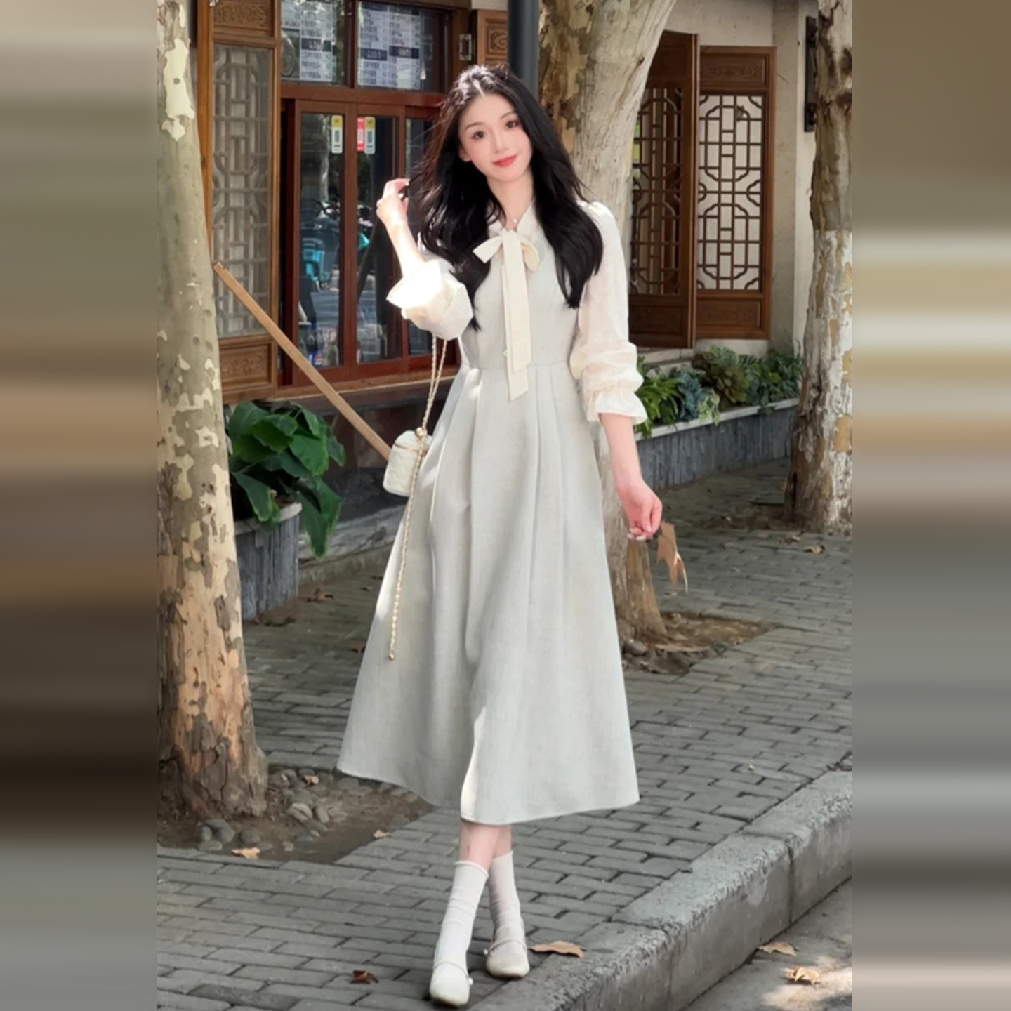 法式温柔甜美小香风长袖连衣裙子女秋冬季新款高级设计感掐腰长裙