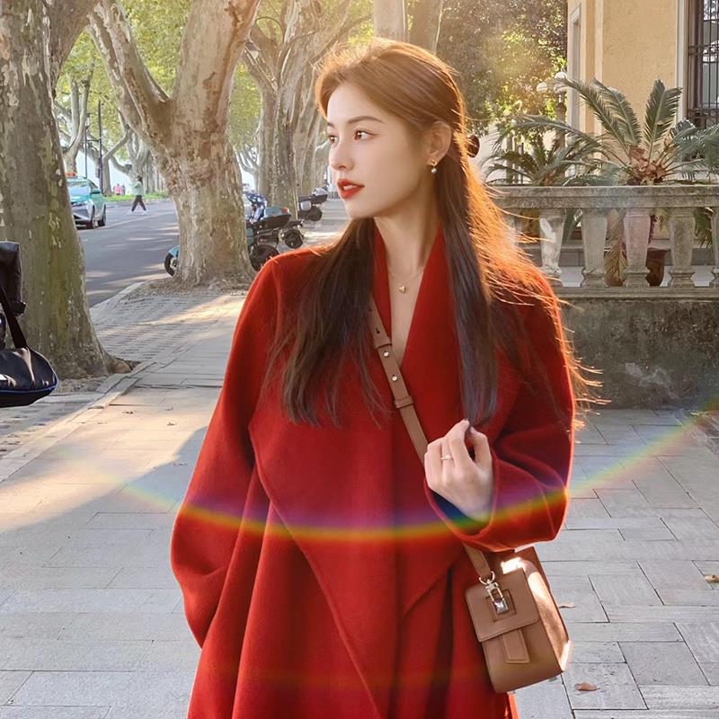 红色双面羊绒大衣女中长款2025冬季新款超好看圣诞结婚羊毛呢外套