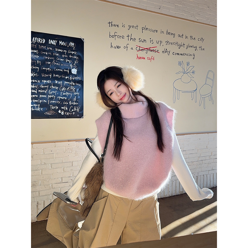 【VMPX】【百搭单品】韩系高领针织背心毛衣女秋冬慵懒风宽松无袖马甲