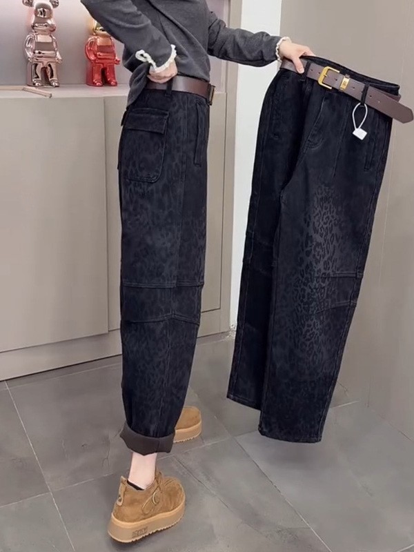 豹纹牛仔裤女冬季新款裤子加绒加厚九分裤大码时尚显瘦高腰哈伦裤