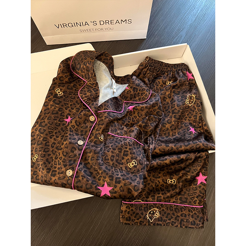 美式性感休闲豹纹Kitty冰丝睡衣女秋季爆款长袖长裤可外穿家居服