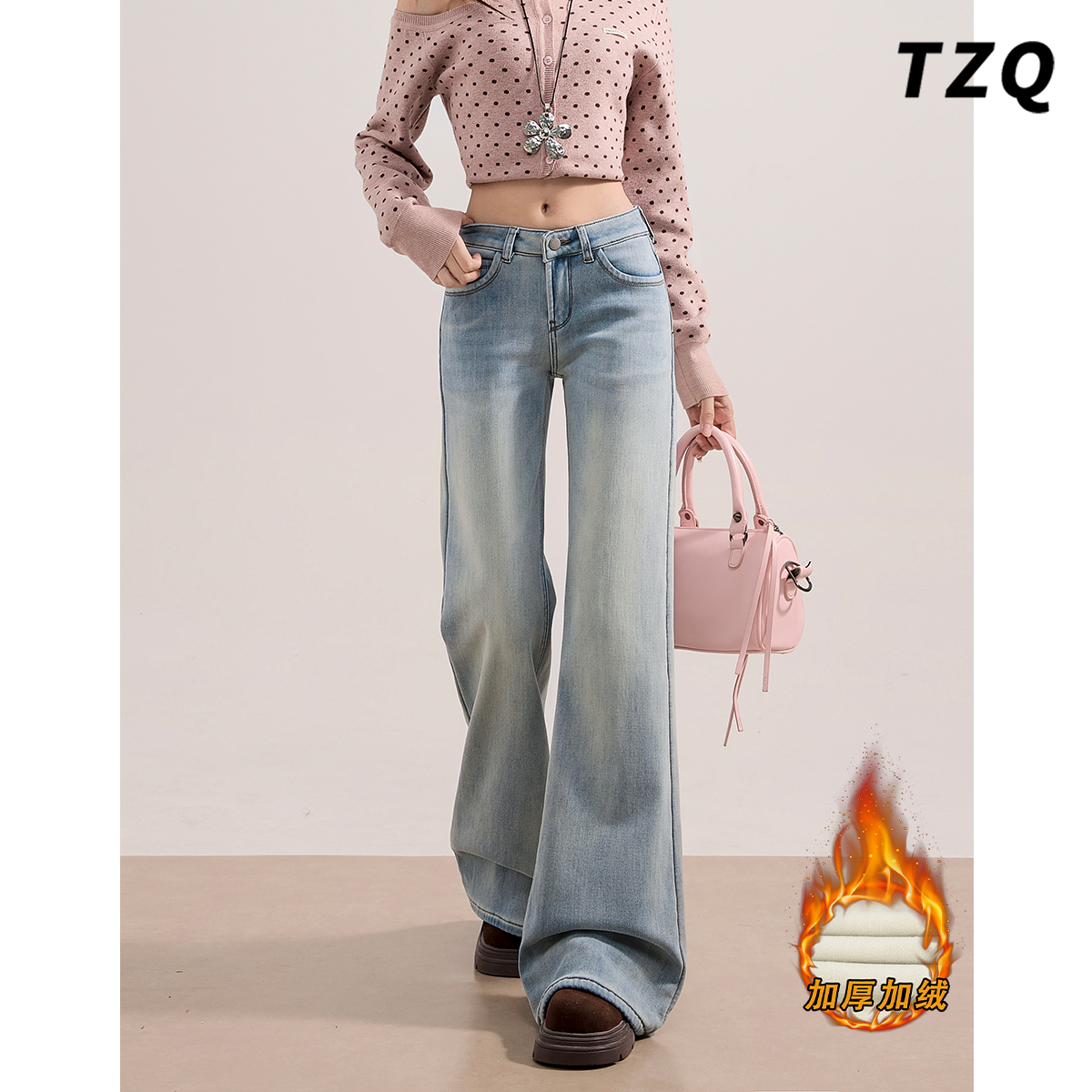 复古高腰微喇牛仔裤女秋冬小个子加绒加厚九分喇叭裤TZQ25120811