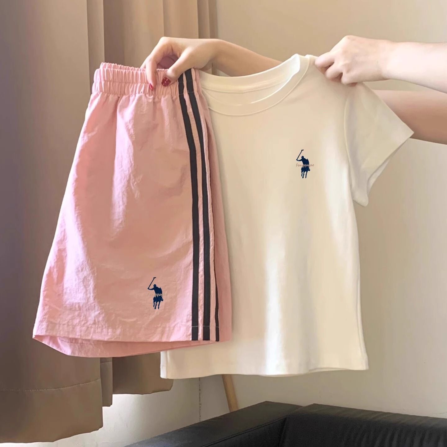 100%纯棉休闲运动套装夏季新款宽松显瘦短袖上衣阔腿短裤两件套潮