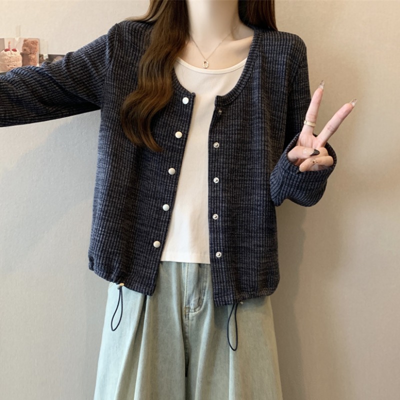 大码设计感抽绳假两件针织开衫女春秋微胖MM宽松显瘦百搭洋气上衣