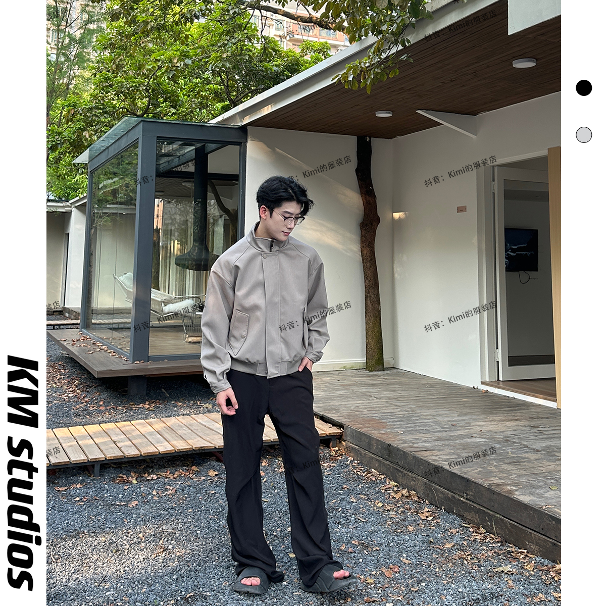 KM studios 秋季新款乐丽丝斜纹口袋卡扣立领外套宽松休闲夹克