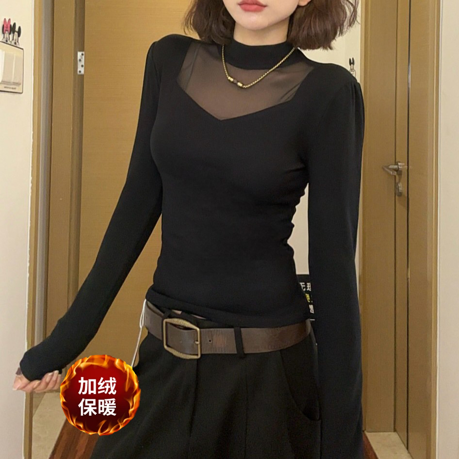 （加绒 现货先发）2025秋冬设计感网纱拼接上衣T恤打底衫女修身长袖