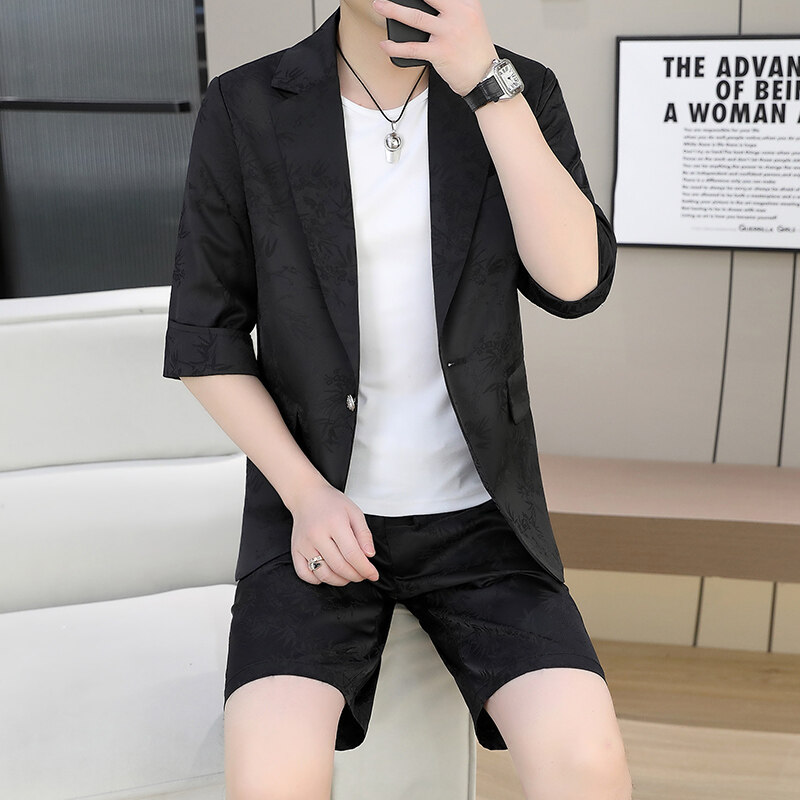 西服套装男士韩版修身2025夏季新款七分短袖西装休闲百搭高档套装