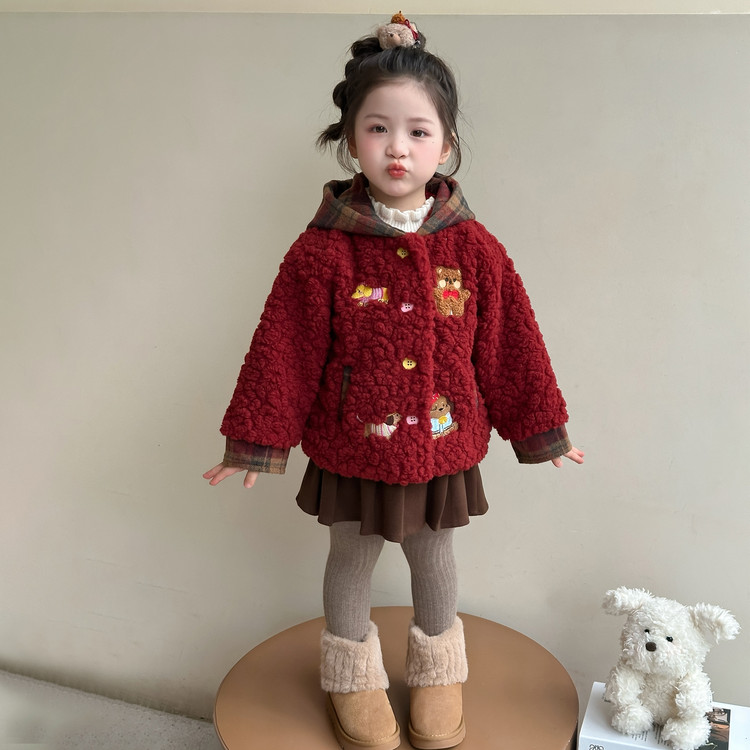 2025冬季新款女童卡通拼格毛加绒毛衣外套潮流洋气时尚穿搭儿童