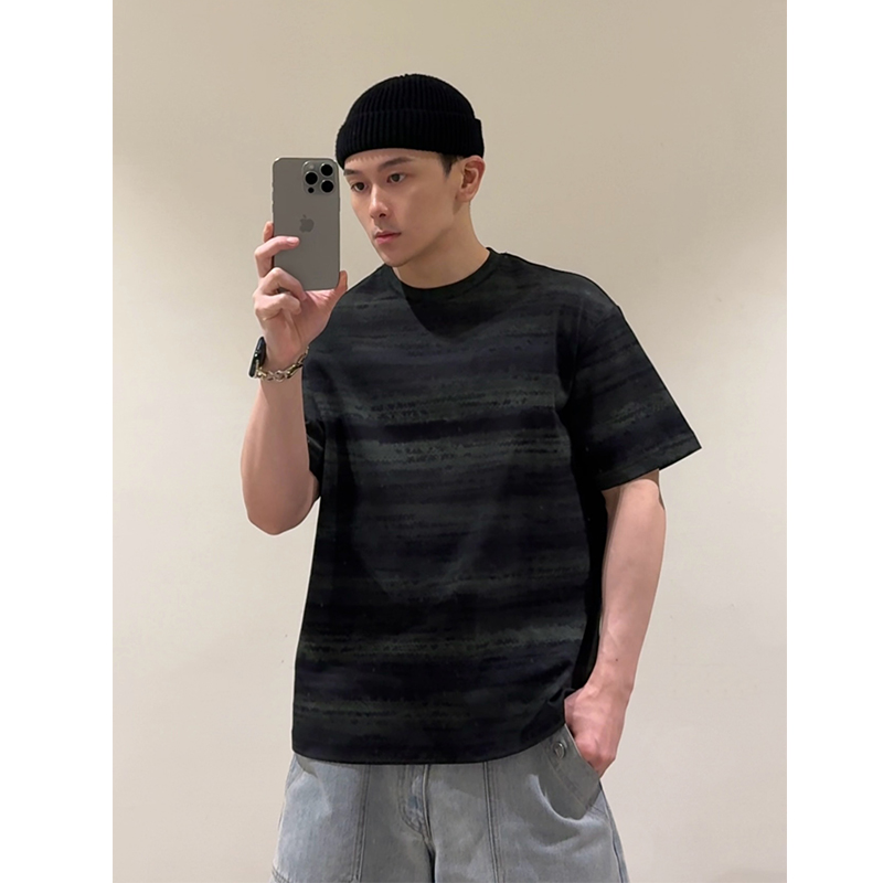 MBH|定制水波纹扎染TEE美式复古短袖条纹夏季T恤宽松圆领休闲印花