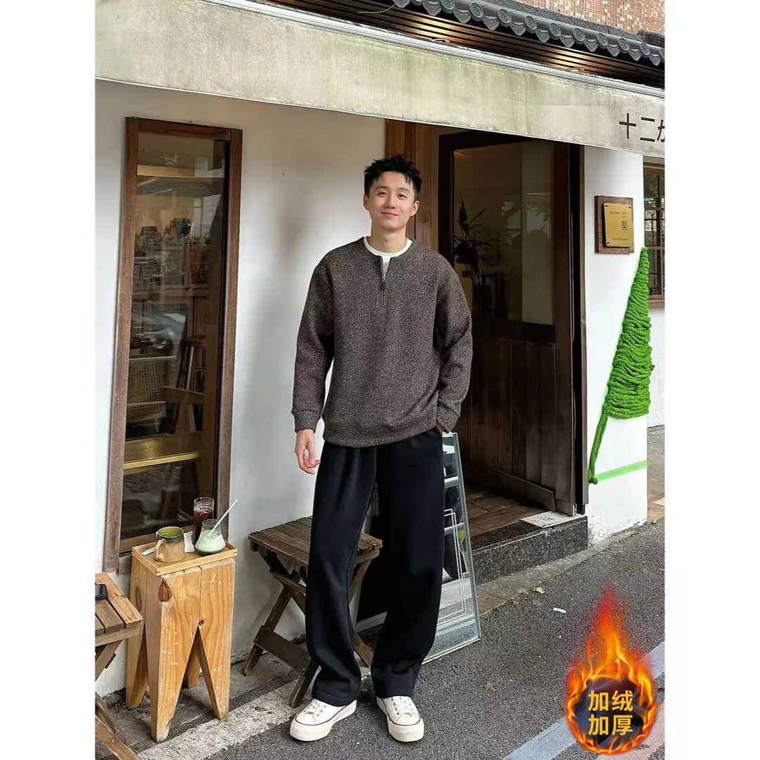 BIG林 “老钱风”加绒简奢雪花针织呢半拉链假两件加厚混羊毛卫衣