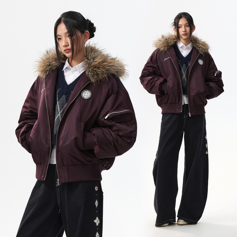 【何浩楠同款】MEDM硅胶标带毛领座山雕棉衣外套男女款连帽保暖棉服