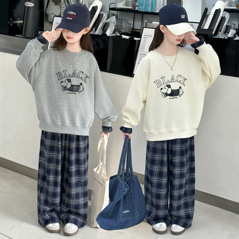 女童套装秋季新款时髦6-12岁中大童洋气女孩格子裤卡通上衣两件套