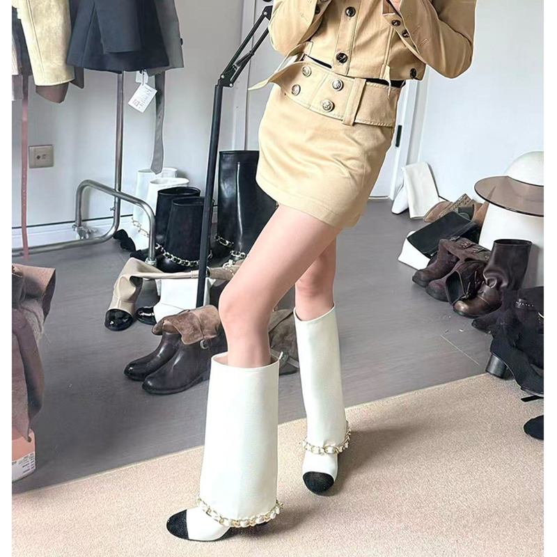 【首单直降】时尚长靴圆头拼色新款链条气质高筒赫本风裤管靴