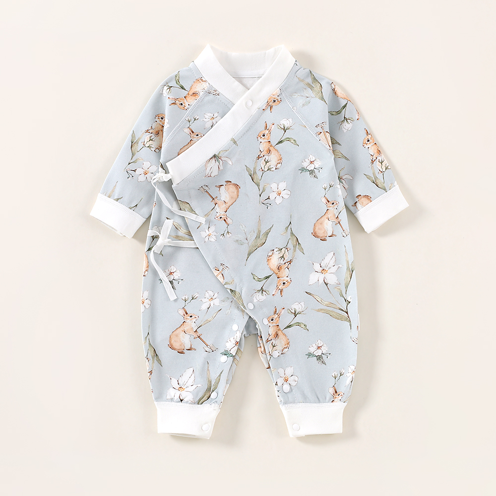 四季款纯棉A类森系长袖哈衣爬服新生婴睡衣和尚服宝宝服