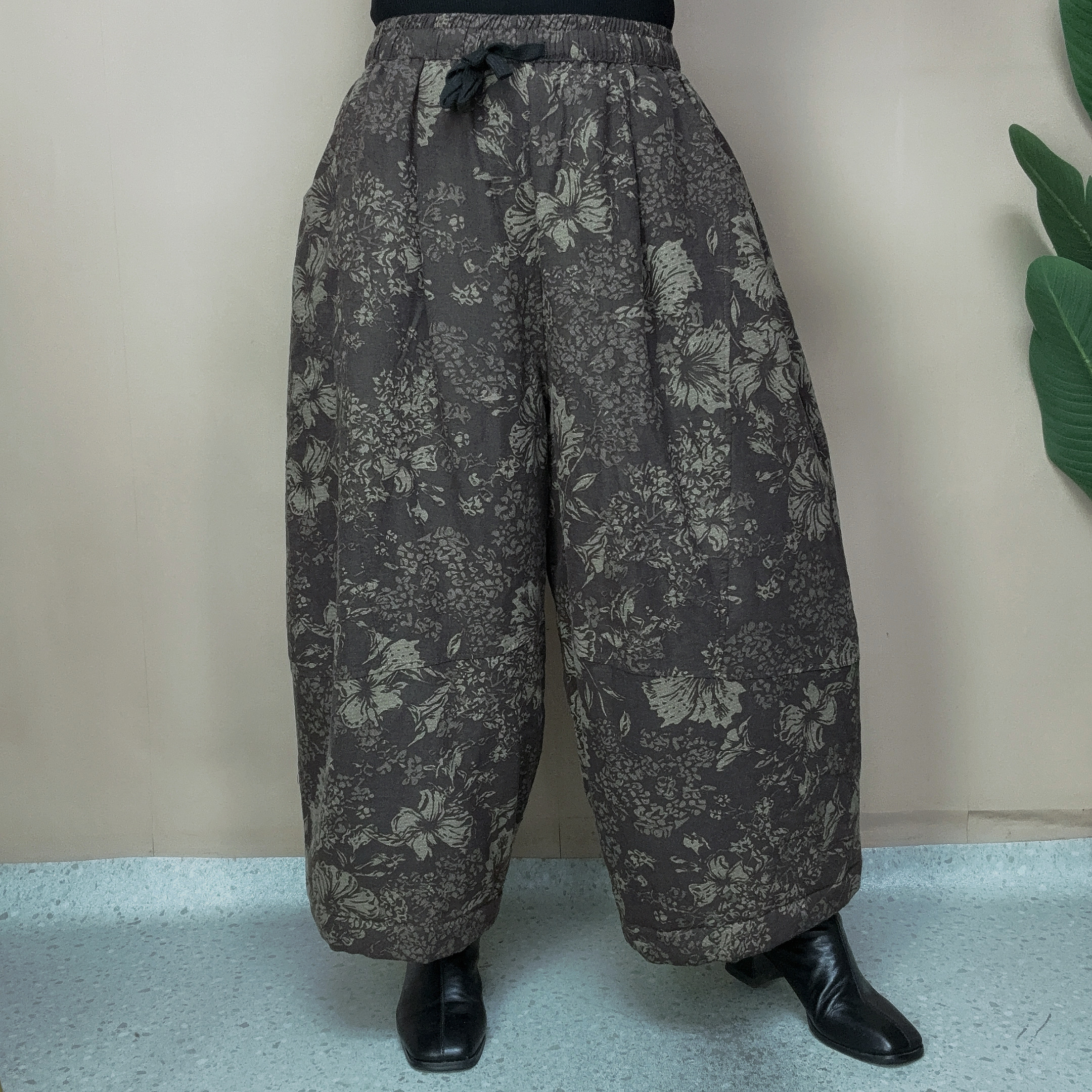 冬季保暖厚款棉裤秋冬高腰碎花拼接休闲裤冬季印花百搭阔腿裤