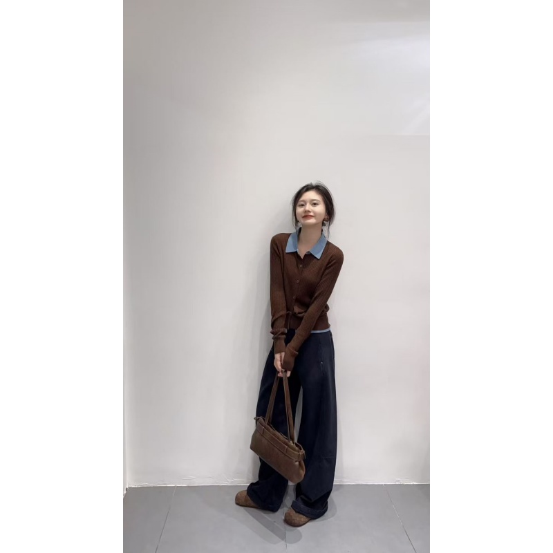 2025秋季新款韩系设计感小众拼接衬衫翻领学院麻花针织开衫阔腿裤