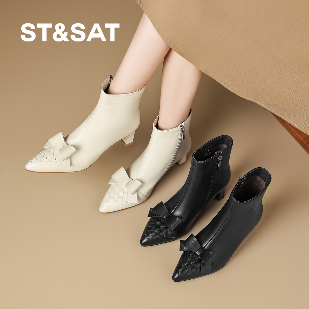 星期六2025新款尖头蝴蝶结短靴女粗跟不累脚百搭时装靴踝靴