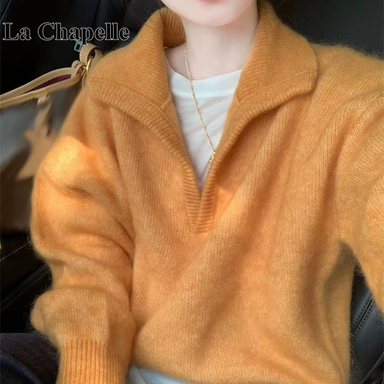 拉夏贝尔慵懒风时尚简约翻领针织衫长袖女秋冬款软糯气质时髦上衣