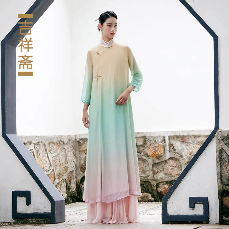 吉祥斋竹之翠套装复古斜襟飘逸渐变薄款单件长上衣231202056