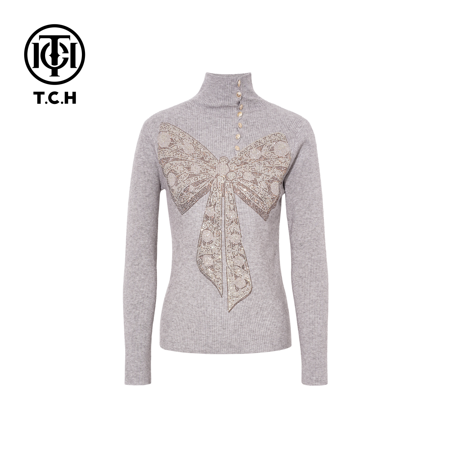 TCH【柔软舒适】冬款时尚烫钻灰色休闲风女装针织衫上衣T709E5055