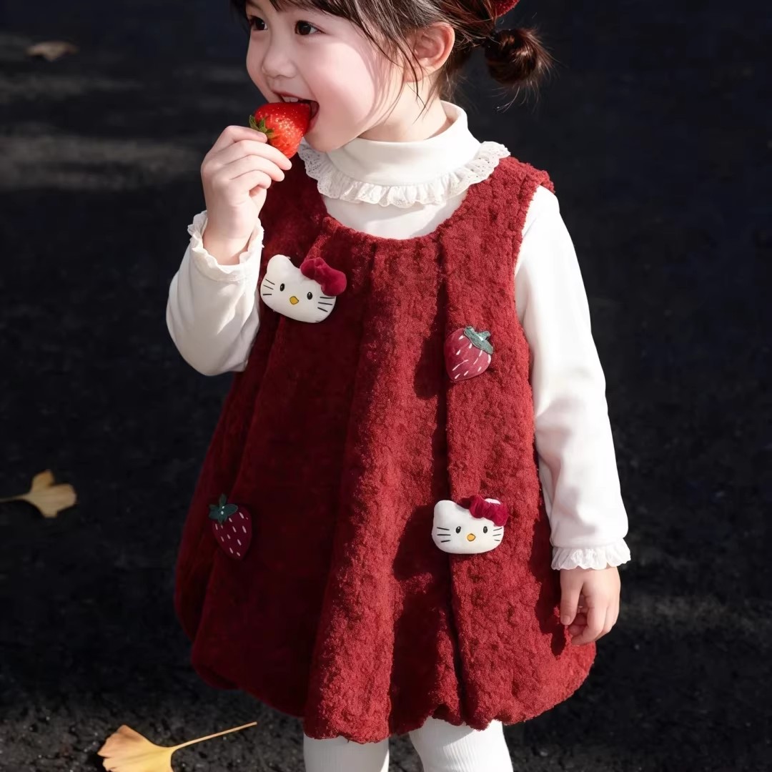 新年女童套装裙子女宝宝周岁礼服红色连衣裙儿童加绒加厚洋气衣服