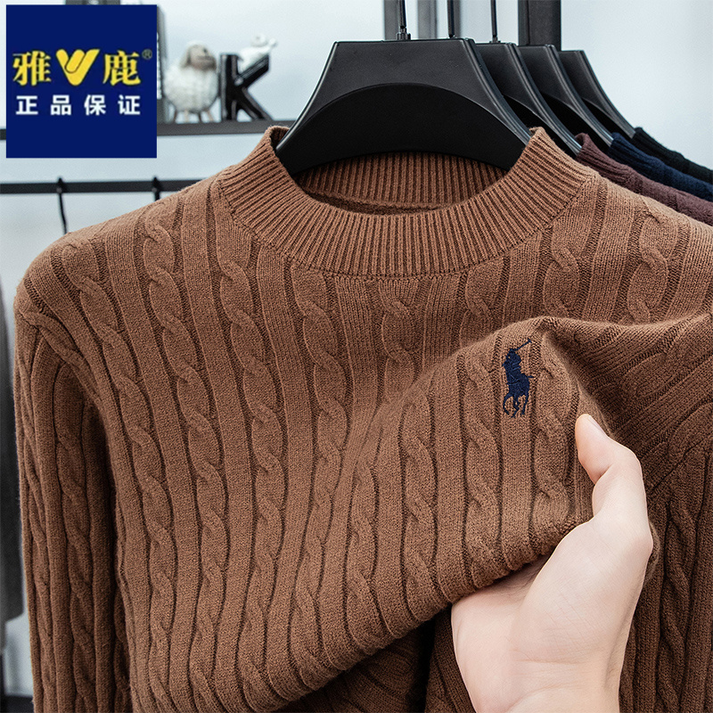 雅鹿秋冬季新款圆领打底针织衫时尚马标刺绣绞花条痕提花保暖毛衣