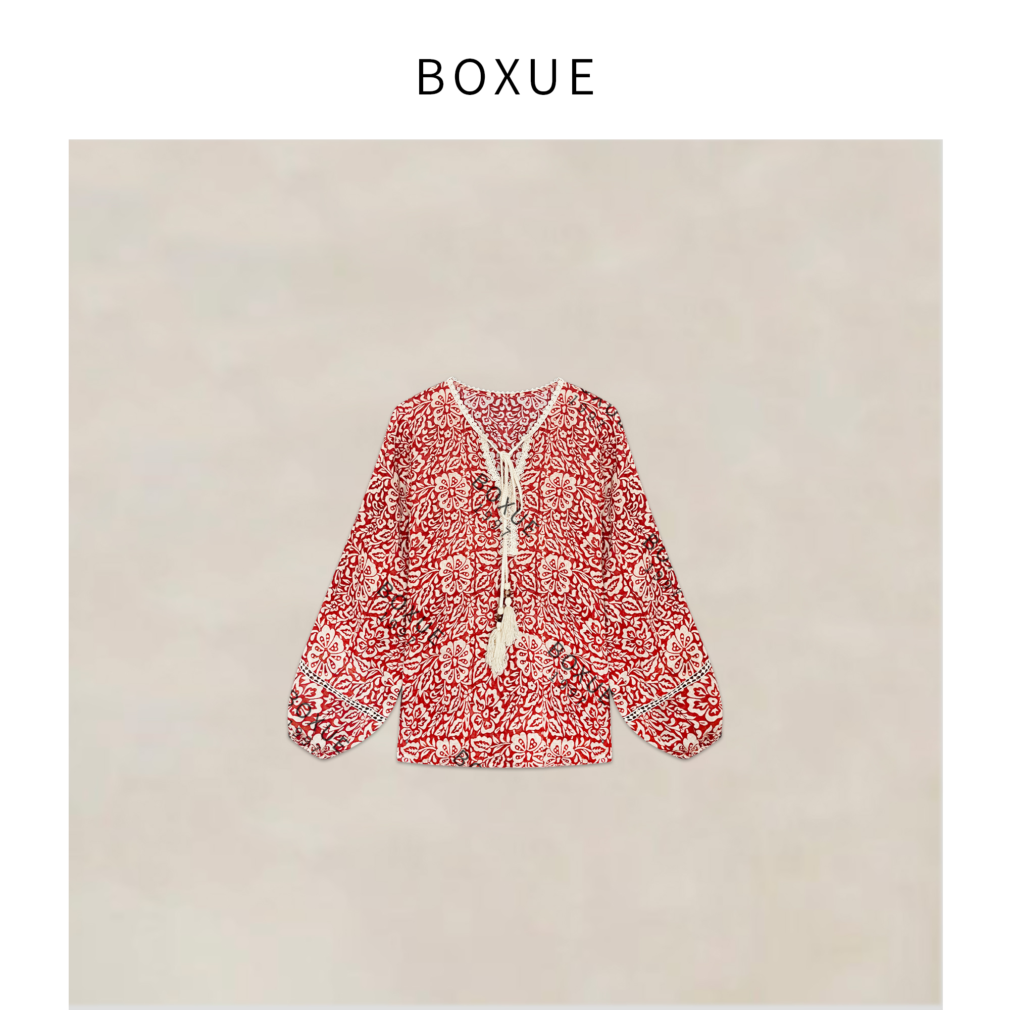 BOXUE”繁花”2025新款高级感100苎麻抽绳小花 T恤#250527T2697