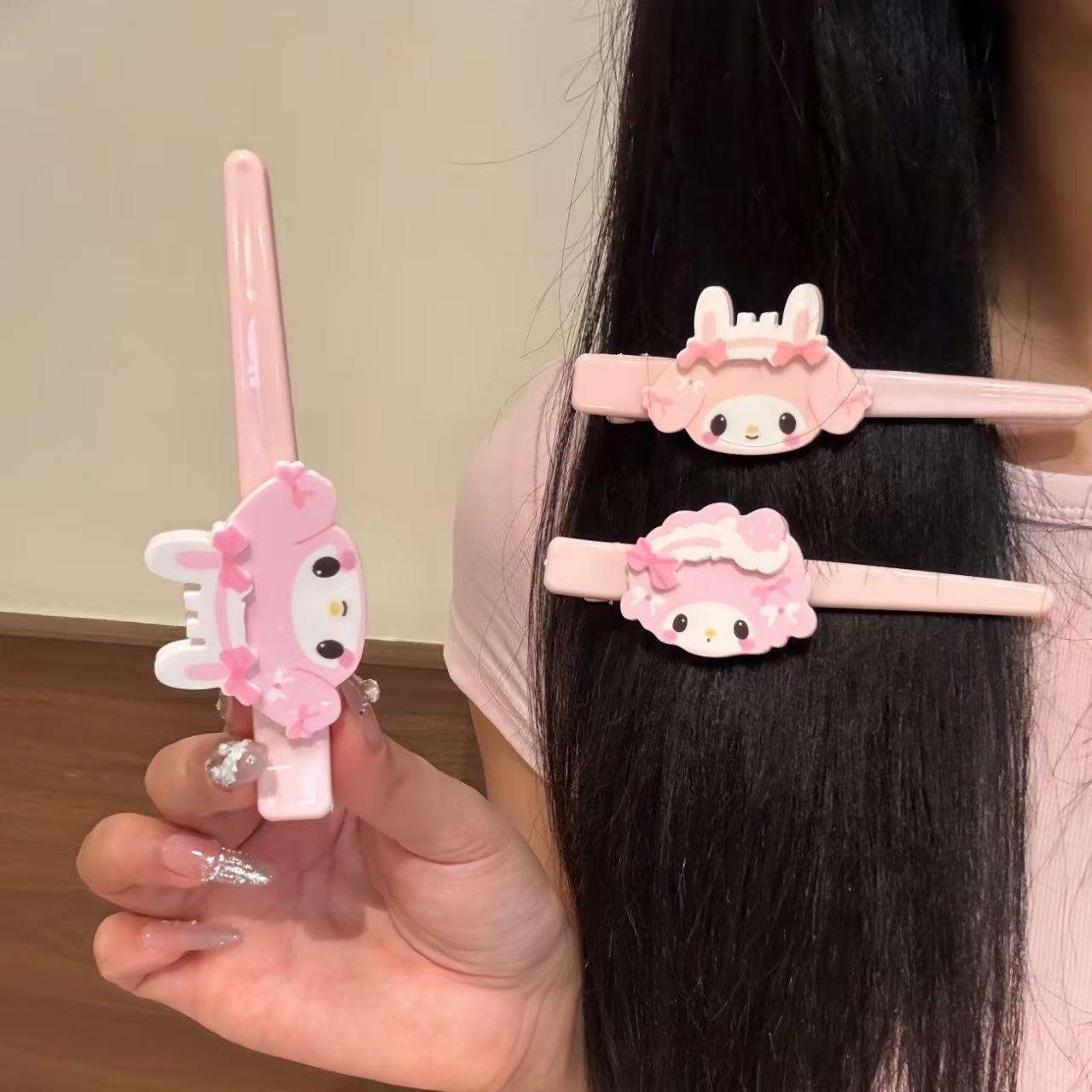 可爱粉色系卡通小羊美乐蒂鸭嘴夹少女侧边碎发刘海夹网红蓬松发卡