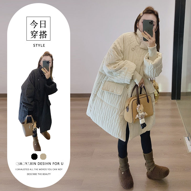 今年流行漂亮秋冬款韩版棉服女赫本风褶皱休闲中长款时尚减龄外套