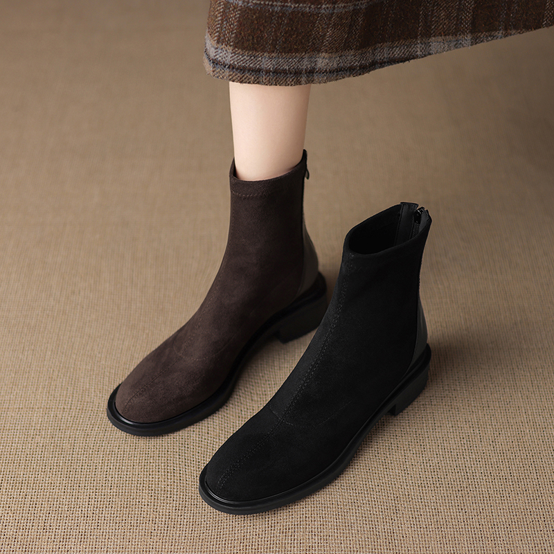 2025年新款真皮复古瘦瘦靴百搭厚底瘦瘦靴后拉链短靴41-43大码