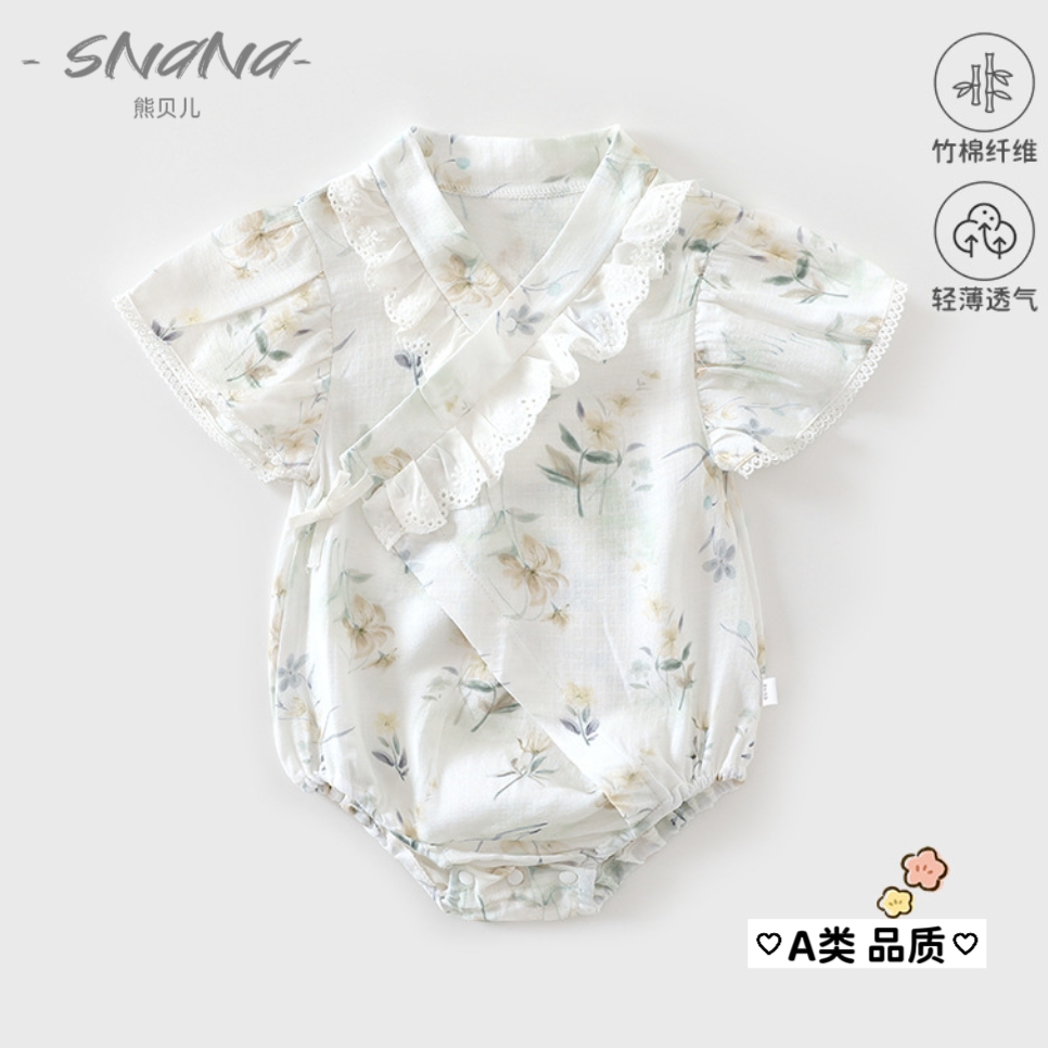 婴儿夏季薄款短袖包屁衣女宝蕾丝宝宝夏季公主竹棉空调服包屁衣