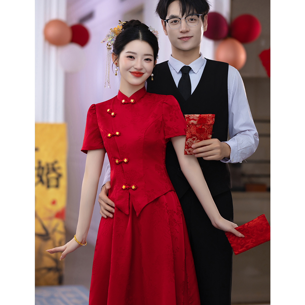 新中式红色旗袍敬酒服套装结婚新娘婚服出嫁秀禾服小个子订婚礼服