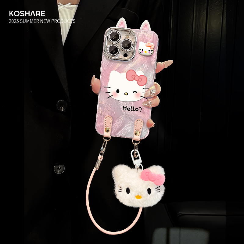 粉蝴蝶结kt适用苹果17华为vivo/oppo小米iPhone精孔羽纱纹手机壳