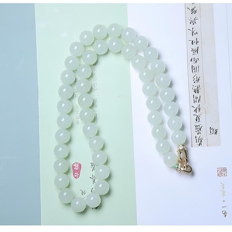 和田玉圆珠高冰项链女士直径10mm妈妈链天然玉石珠链锁骨链带证书