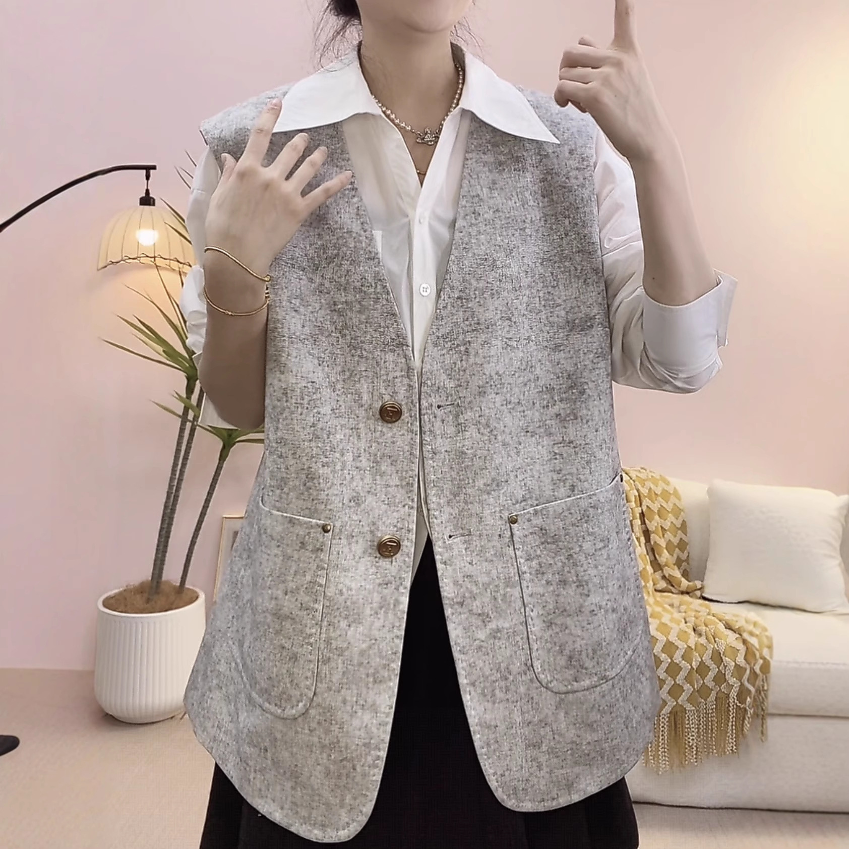 069时尚气质休闲扎染宽松V领上衣外套百搭马甲069/FZC