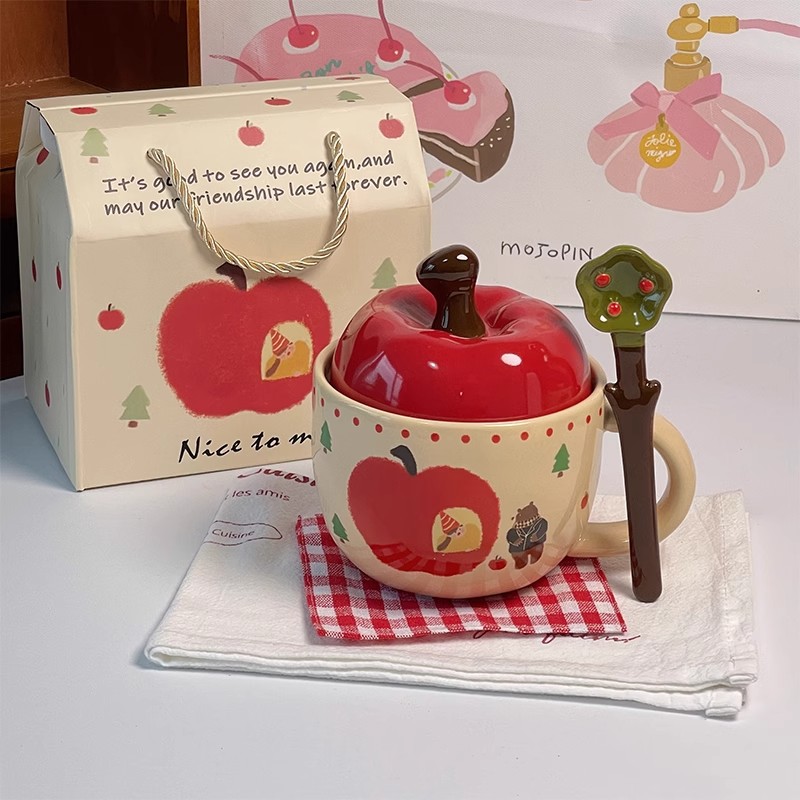 生日礼物女生可爱苹果高颜值马克杯带盖勺喝水陶瓷水杯子圣诞节