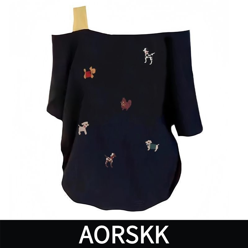 【AORSKK】夏季新款单肩露肩吊带宽松短袖t恤女藏青色百搭印花上衣
